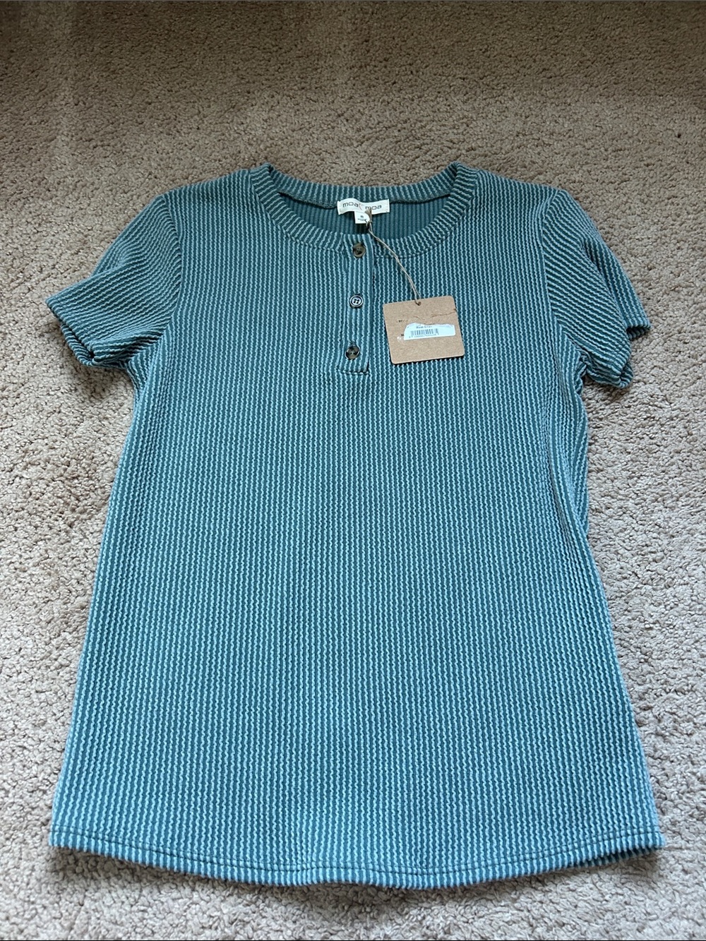 Moa Moa Teal Textured Henley Short Sleeve Top